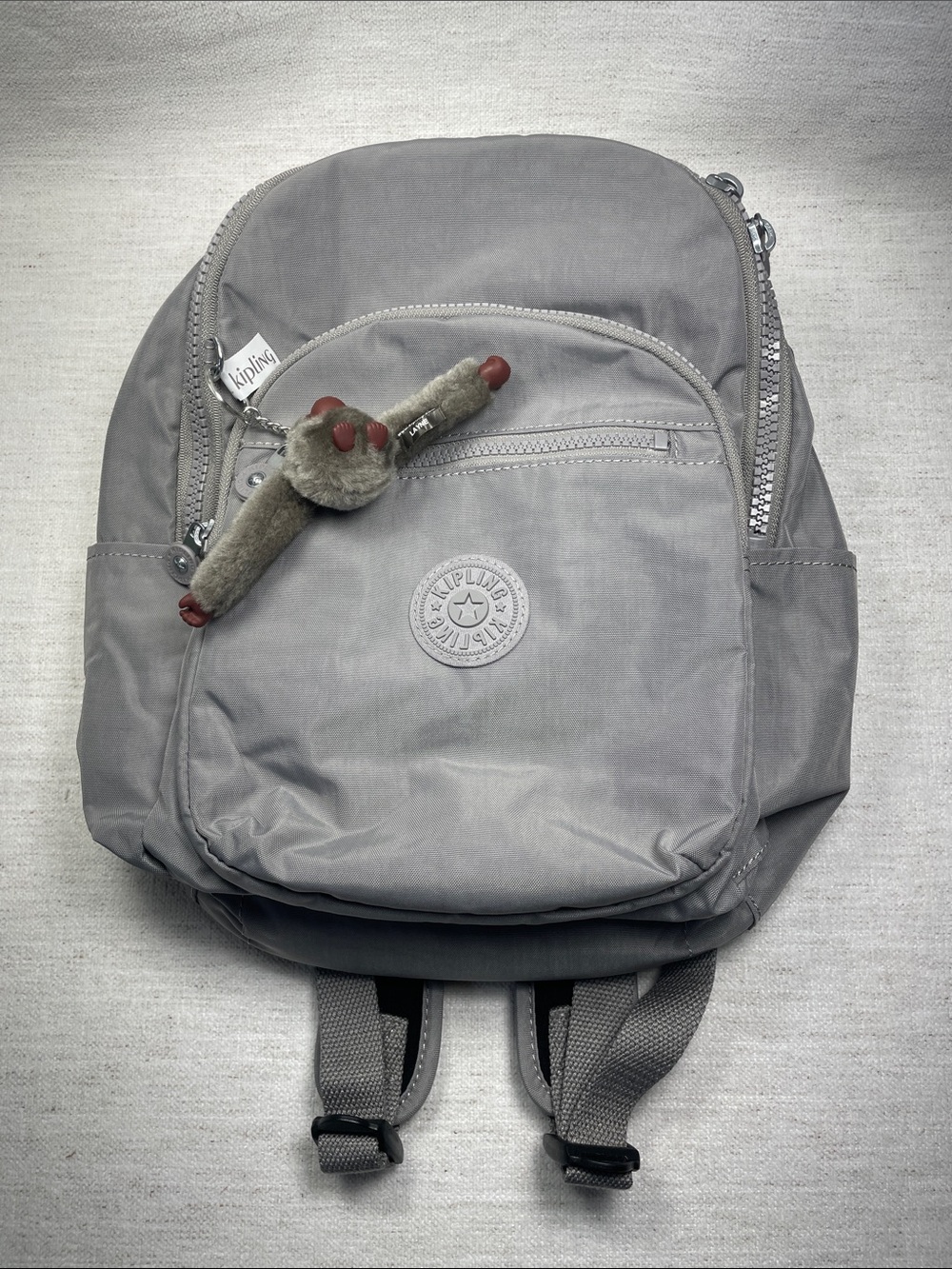 Kipling Cloudy Gray Nylon Backpack with Monkey Keychain